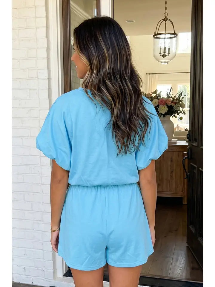 Puffy Top Drawstring Short Set - Blue