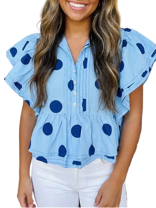Polka Dot Print Ruffled Buttoned Collared Blouse - Sky Blue