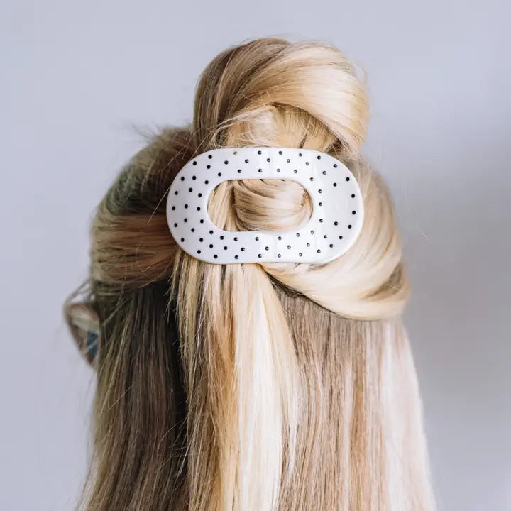 White Polka Dot Party Flat Round Hair Clip - Medium