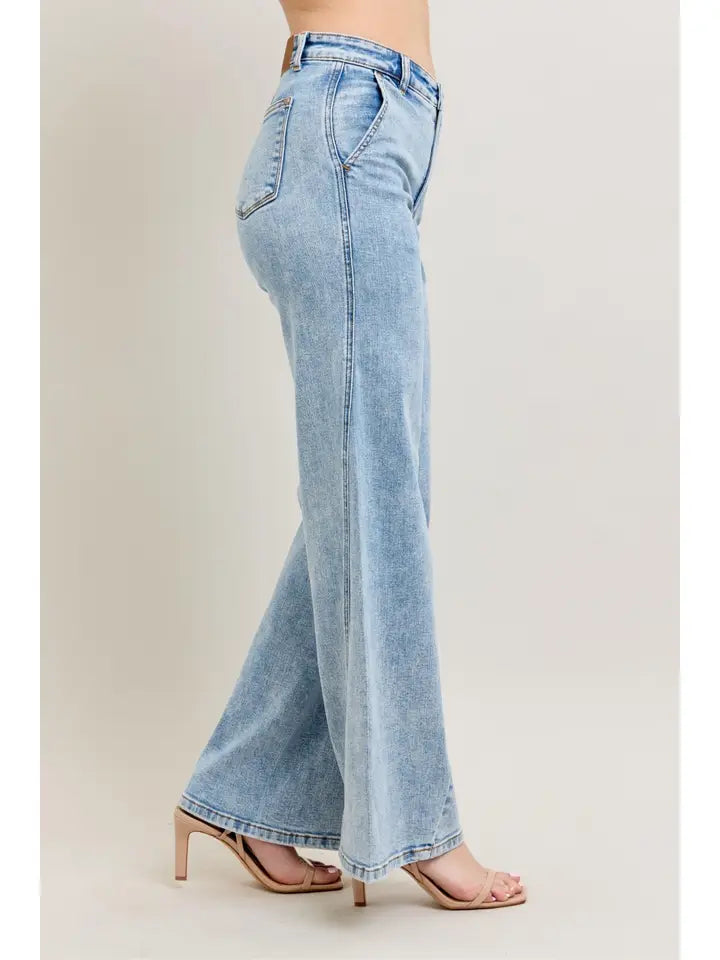 High Waist Stone Wash Skewed Inseam Jeans