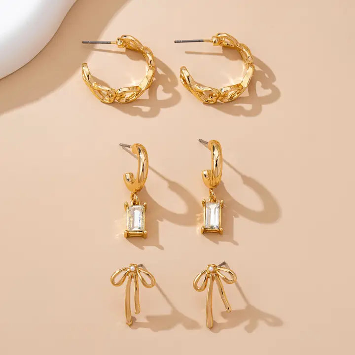 Baguette Stone Hoop Trio Earring Set
