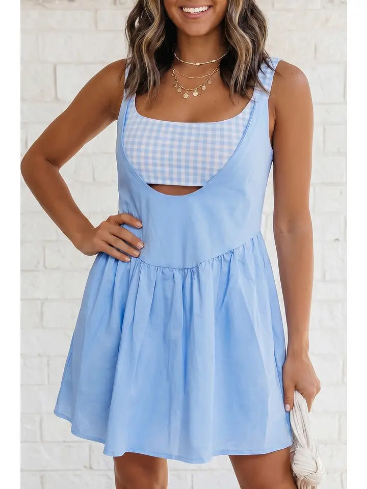 Faux 2 Piece Gingham Contrast Mini Dress - Beau Blue