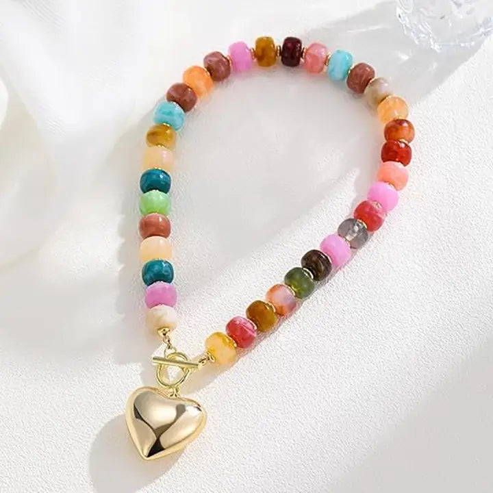 Multi Beaded Heart Charm Toggle Necklace