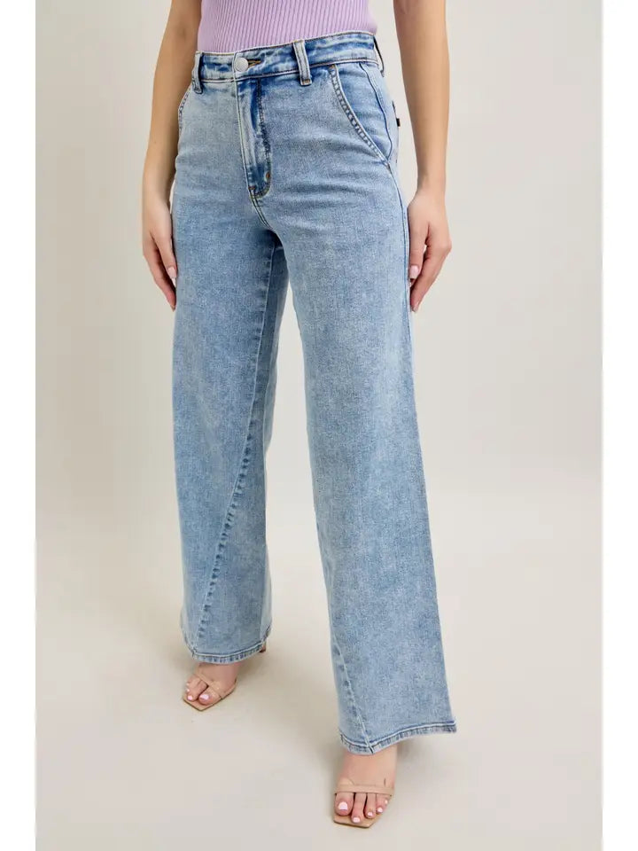 High Waist Stone Wash Skewed Inseam Jeans