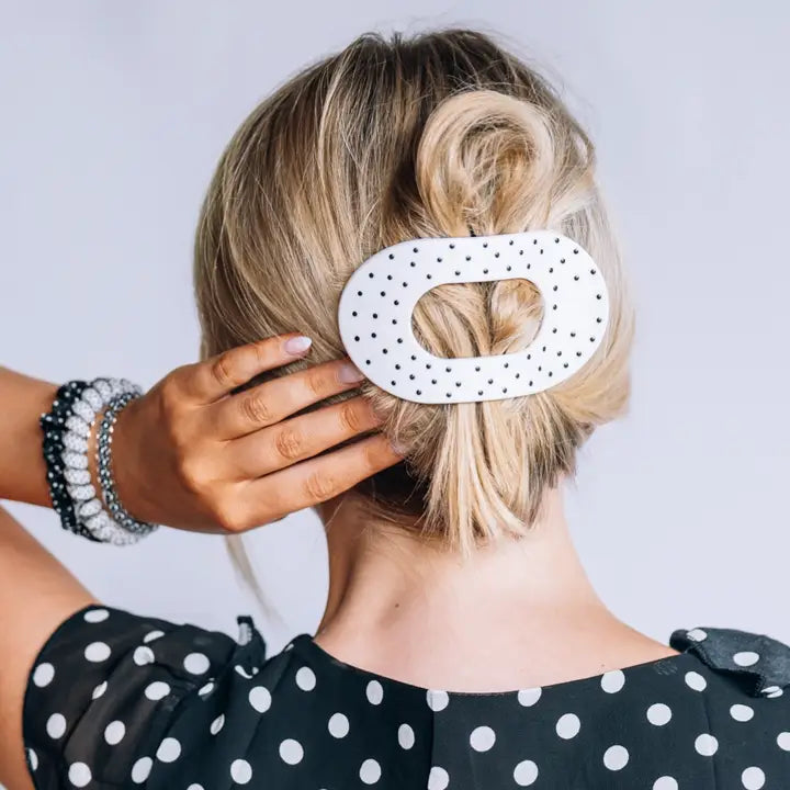 White Polka Dot Party Flat Round Hair Clip - Large