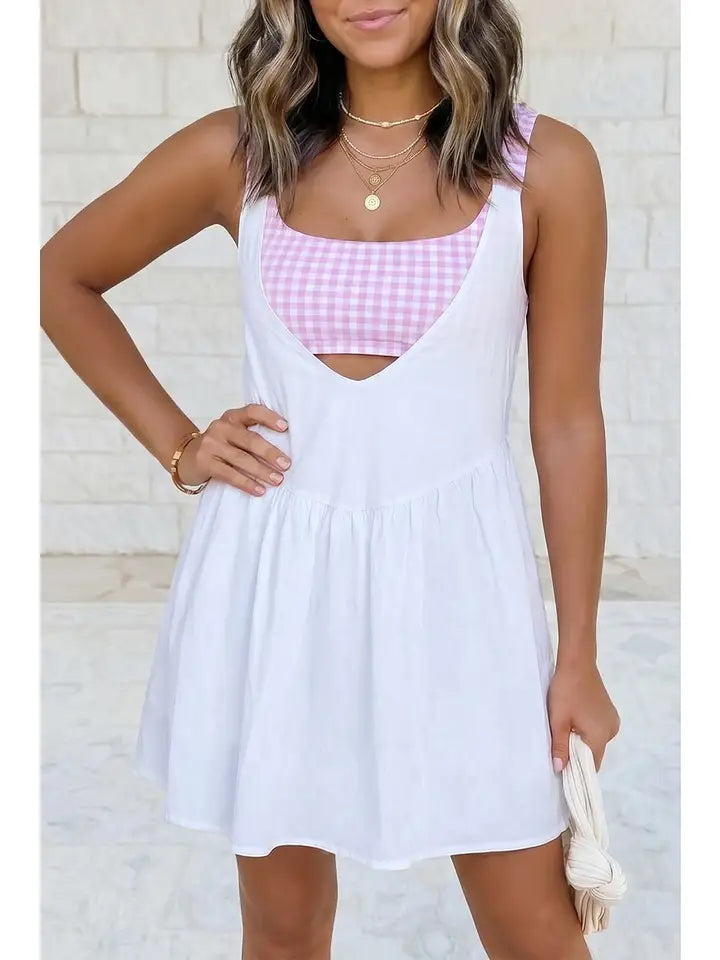 Faux 2 Piece Gingham Contrast Mini Dress - White