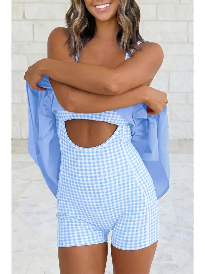 Faux 2 Piece Gingham Contrast Mini Dress - Beau Blue