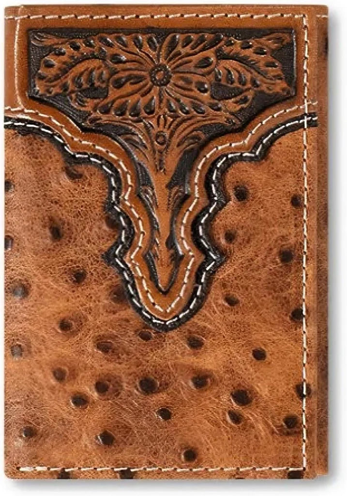 Floral Embossed Ostrich Print Trifold Wallet