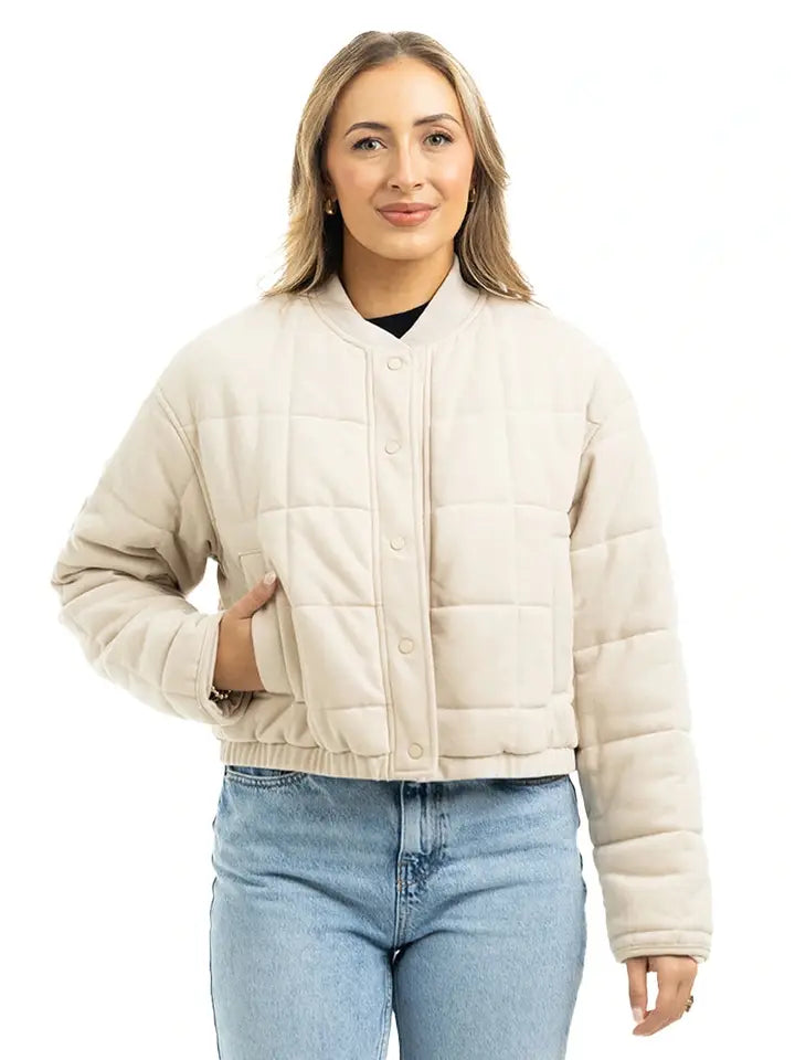 Cropped Quilted Bomber Jacket - Beige