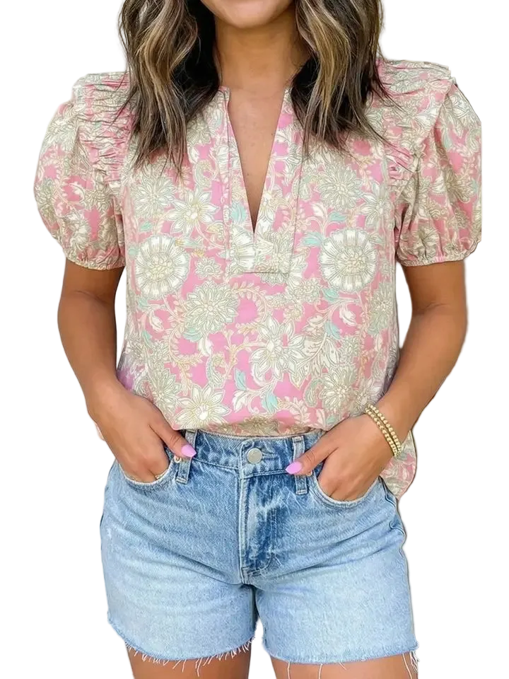 Tie V-Neck Floral Short Puff Sleeve Blouse