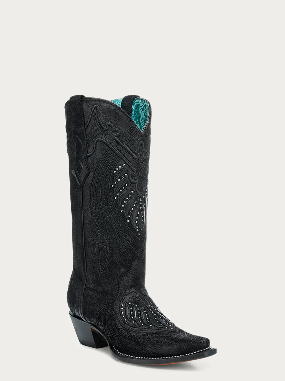 Women's Embroidery & Studs Black Snip Toe Boot