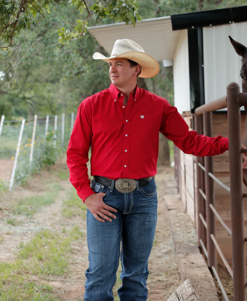 Men's Solid Classic Fit Button-Down Western Shirt - Red
