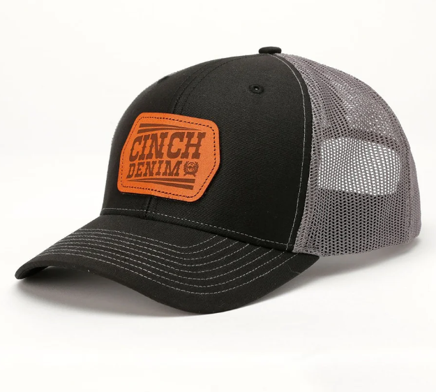 Men's Trucker Cap with Leather Cinch Denim Logo - Black and Gray