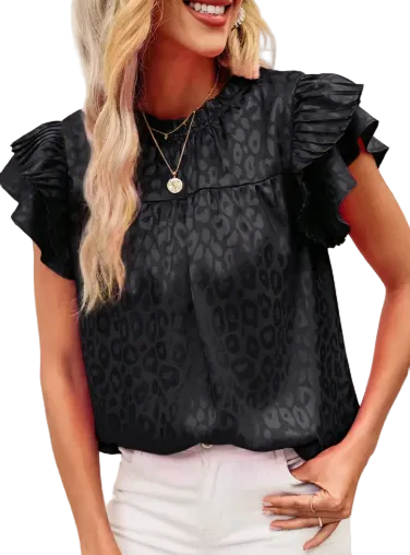 Printed Lotus Leaf Sleeve Wave Neck Women's Top - Black