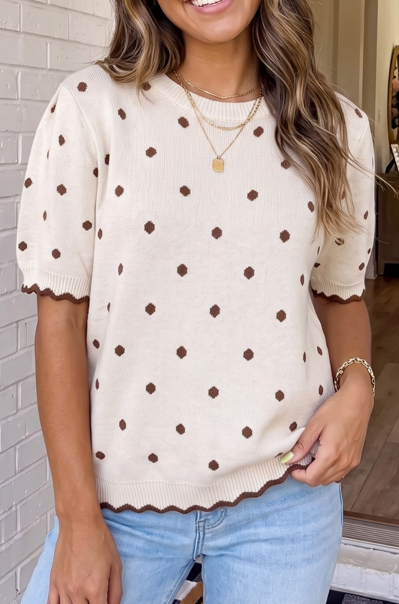 Las Polka Dot Crew Neck Short Sleeve Sweater