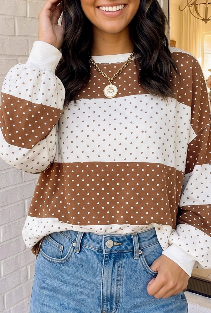 Las Polka Dot Patchwork Colorblock Crew Neck Blouse