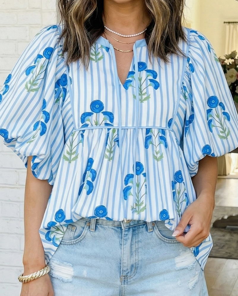 Las Striped Floral Bubble Sleeve Blouse
