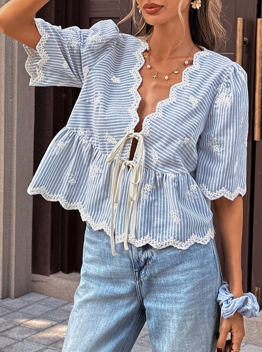Striped Embroidery Puff Sleeve Top - Blue