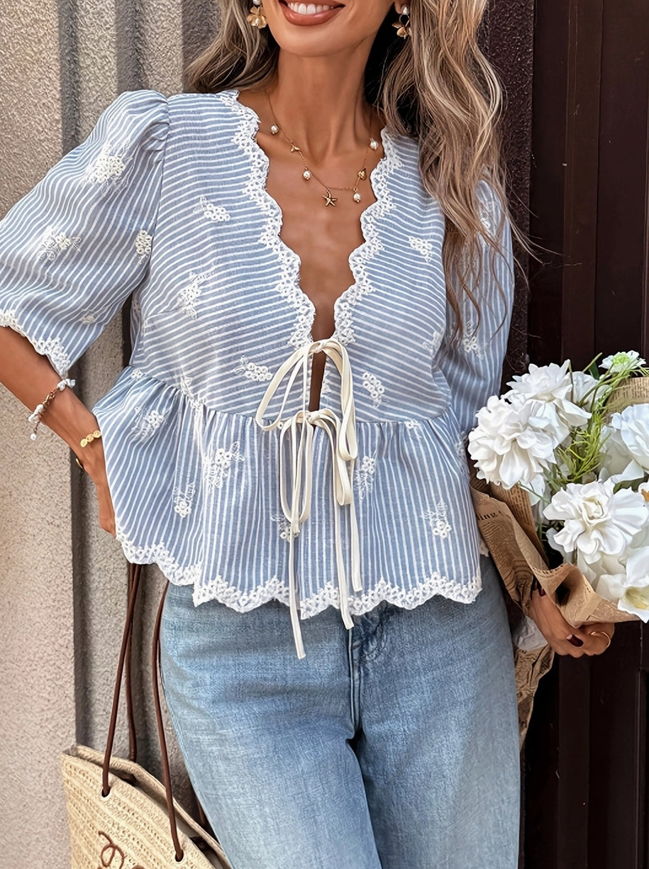 Striped Embroidery Puff Sleeve Top - Blue