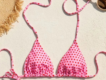 Retro Polka Dot Triangle Side Tie Bikini Top - Pink