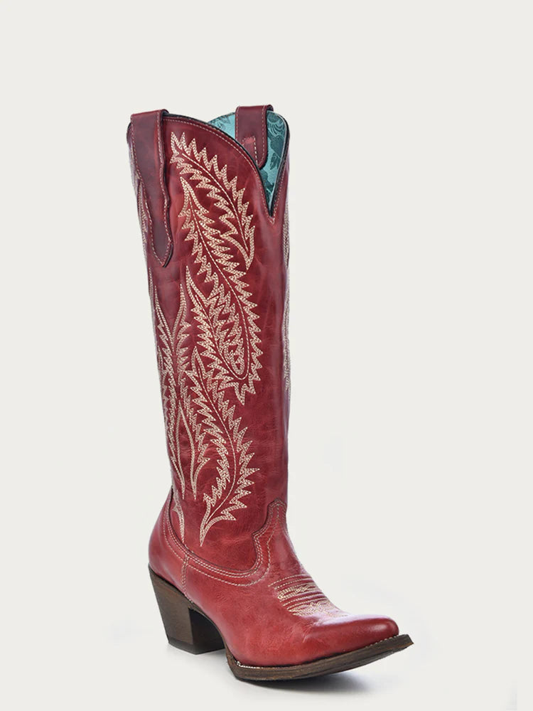 Women's Embroidery Red Tall Snip Toe Boot
