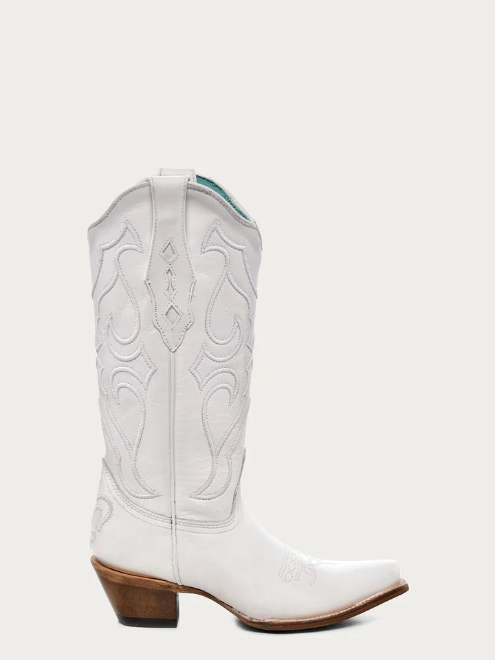 Women's Embroidery White Snip Toe Boot