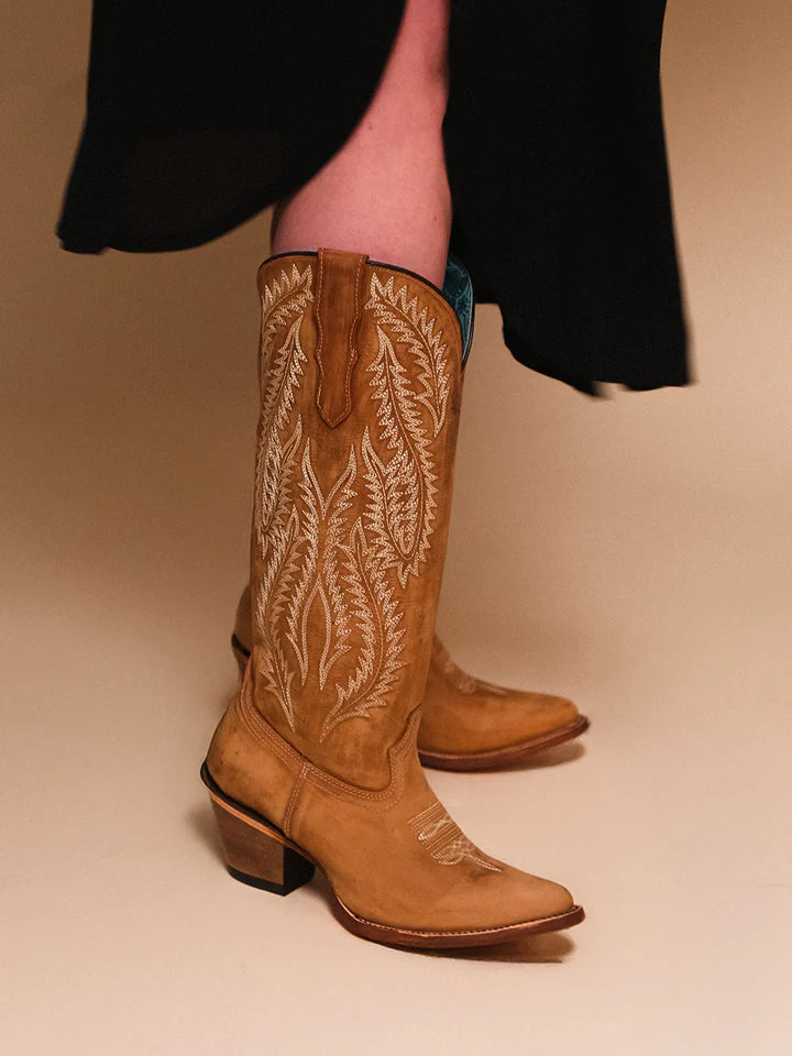 Women's Tan w/ White Embroidery Snip Toe Boot