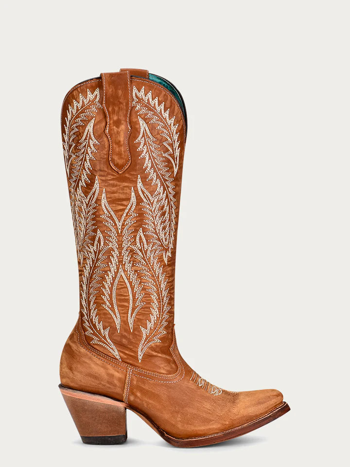 Women's Tan w/ White Embroidery Snip Toe Boot