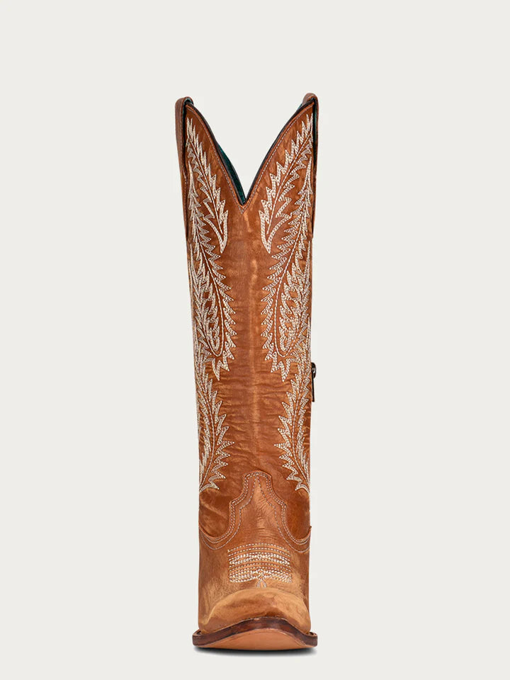 Women's Tan w/ White Embroidery Snip Toe Boot