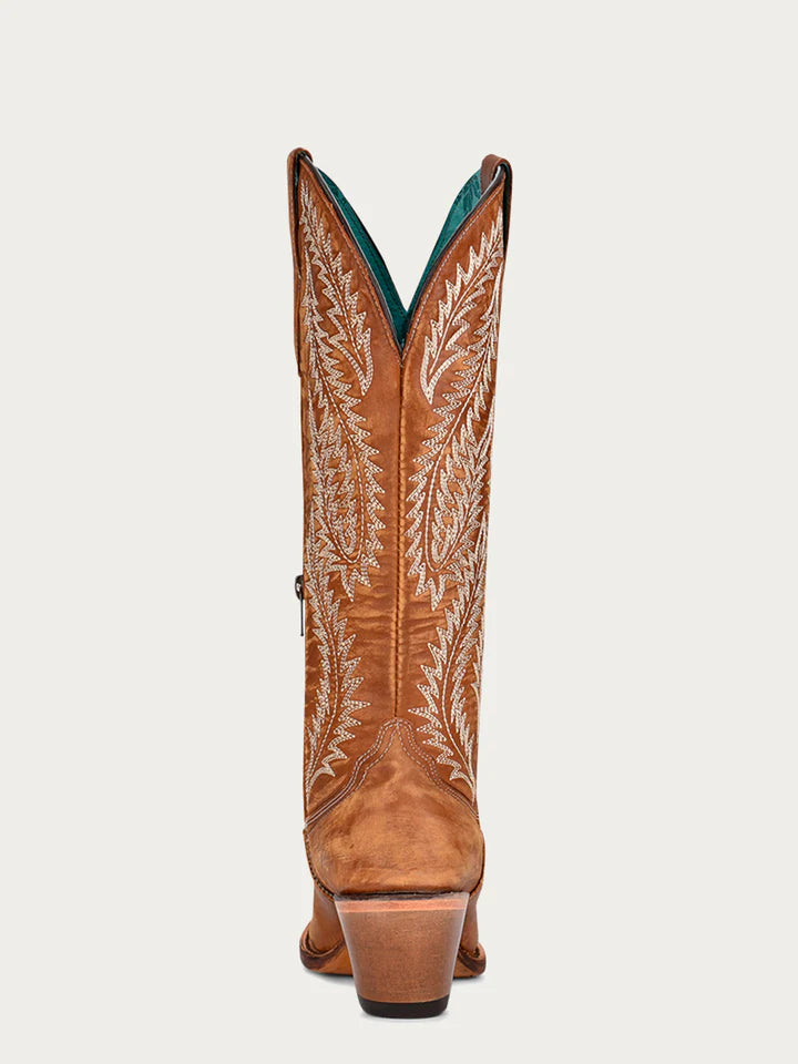 Women's Tan w/ White Embroidery Snip Toe Boot