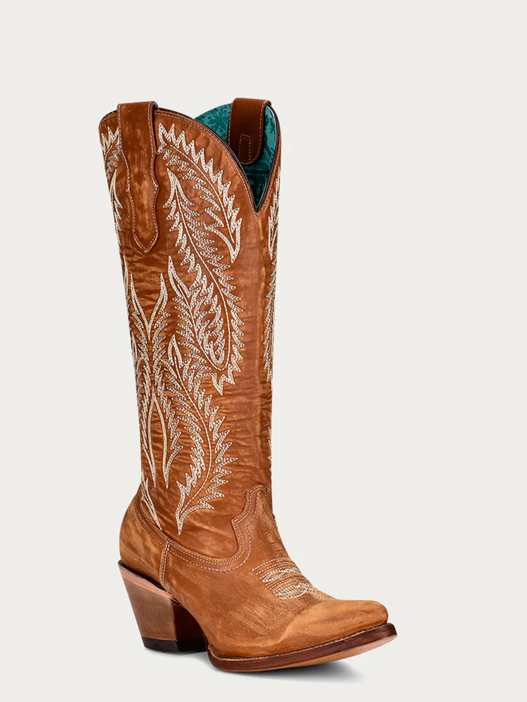 Women's Tan w/ White Embroidery Snip Toe Boot