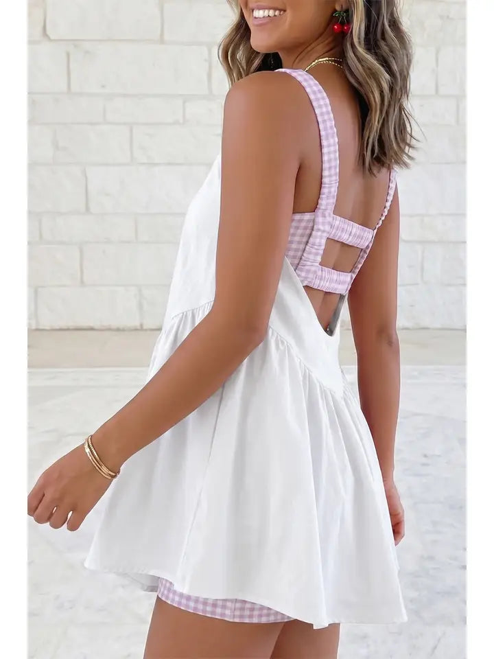 Faux 2 Piece Gingham Contrast Mini Dress - White