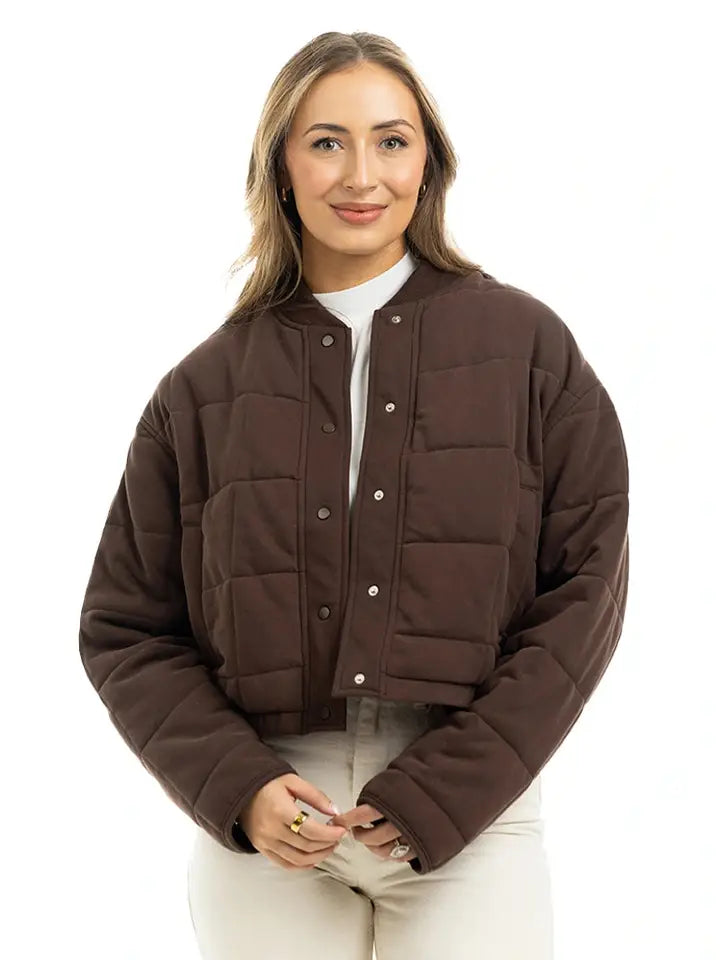 Cropped Quilted Bomber Jacket - Chocolate