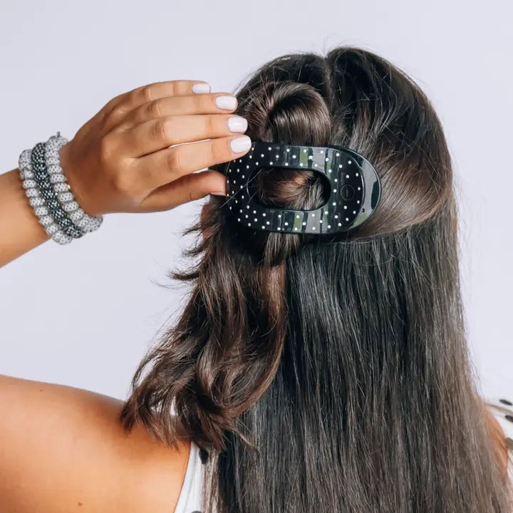 Black Polka Dot Party Flat Round Hair Clip - Medium