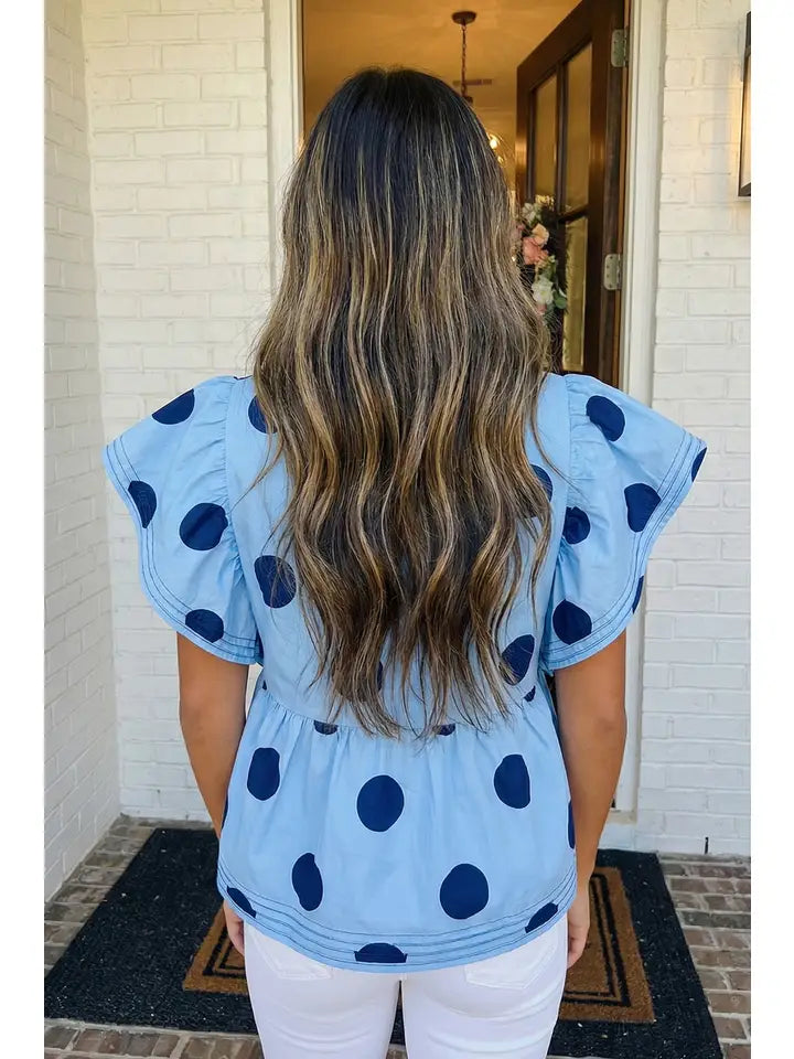 Polka Dot Print Ruffled Buttoned Collared Blouse - Sky Blue