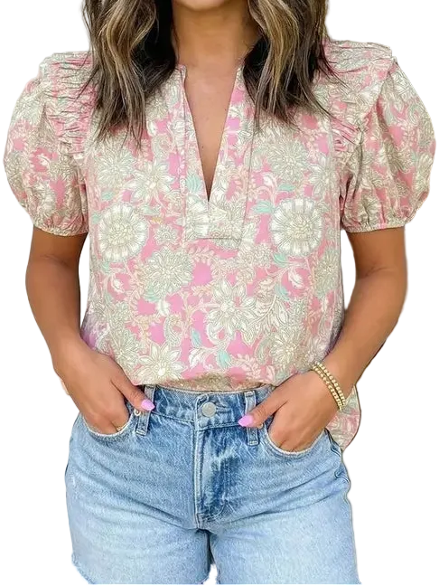 Tie V-Neck Floral Short Puff Sleeve Blouse