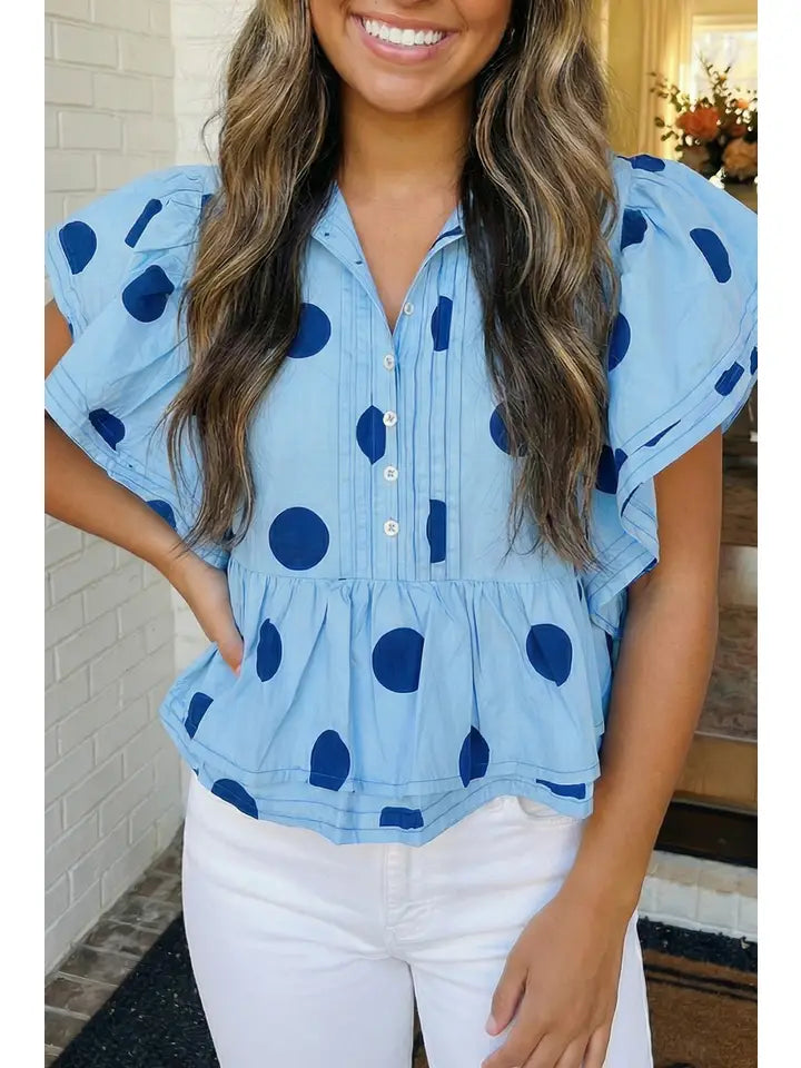 Polka Dot Print Ruffled Buttoned Collared Blouse - Sky Blue