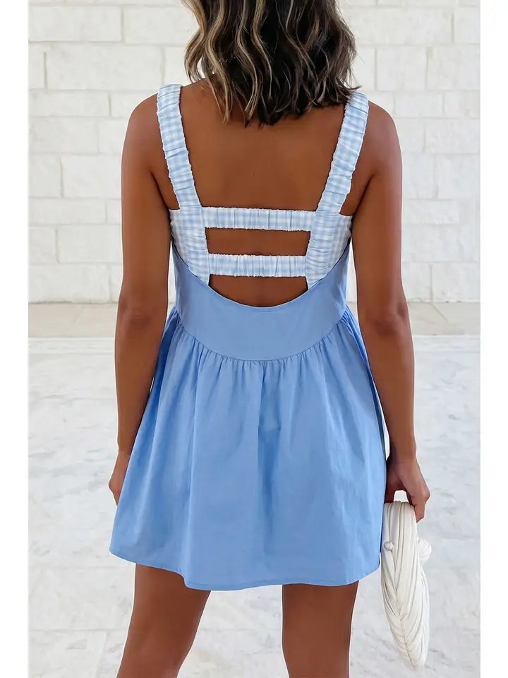 Faux 2 Piece Gingham Contrast Mini Dress - Beau Blue