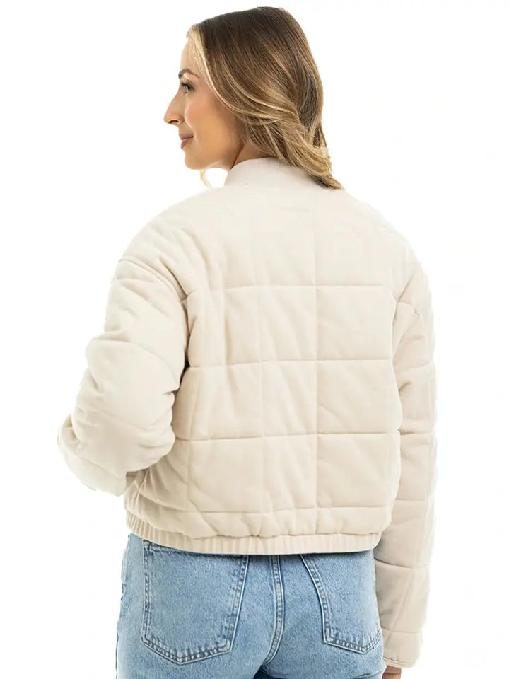 Cropped Quilted Bomber Jacket - Beige