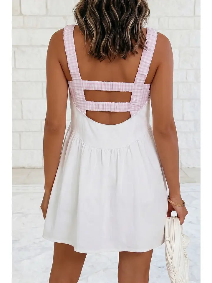 Faux 2 Piece Gingham Contrast Mini Dress - White