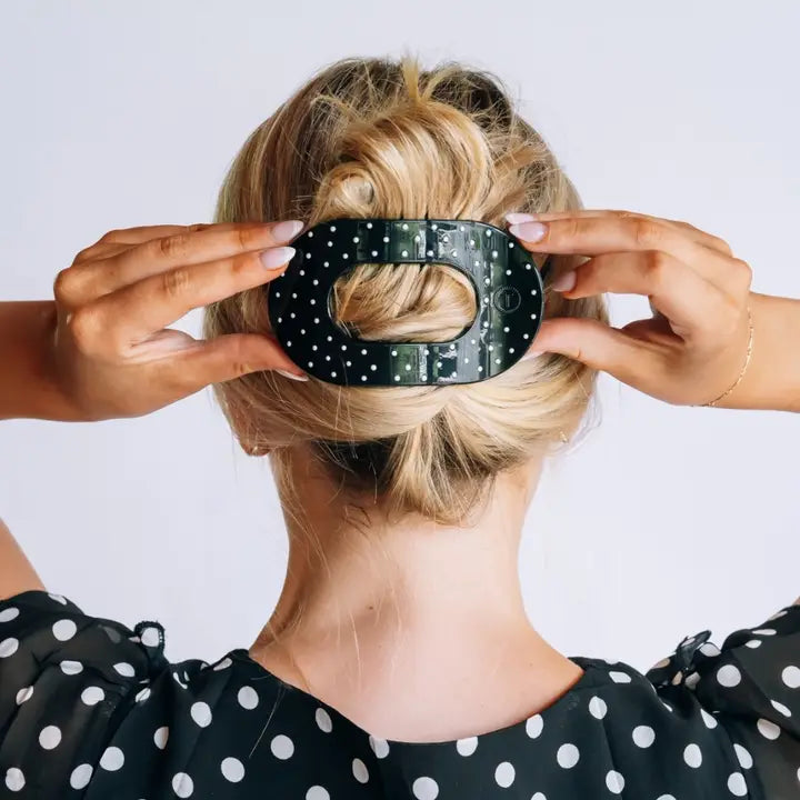 Black Polka Dot Party Flat Round Hair Clip - Large