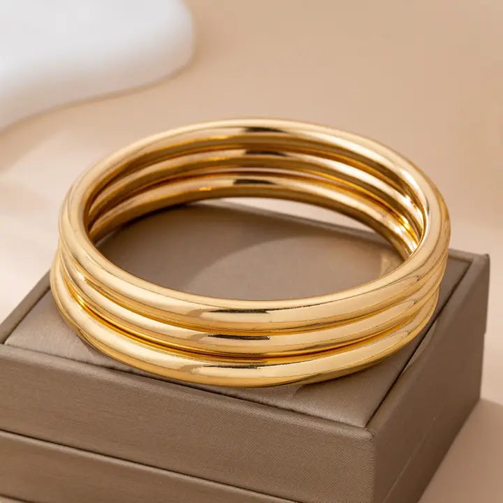 Chunky Triple Tube Gold Bangle Set