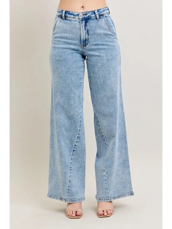 High Waist Stone Wash Skewed Inseam Jeans